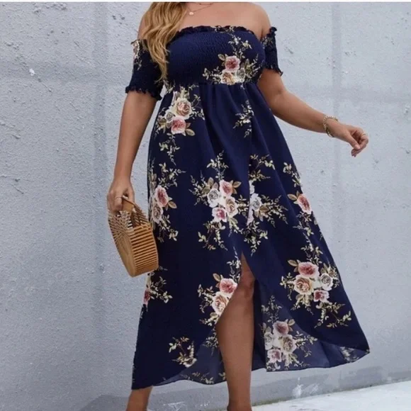 Boho Plus Floral Print Off Shoulder Cottagecore Dress - Picture 8 of 14